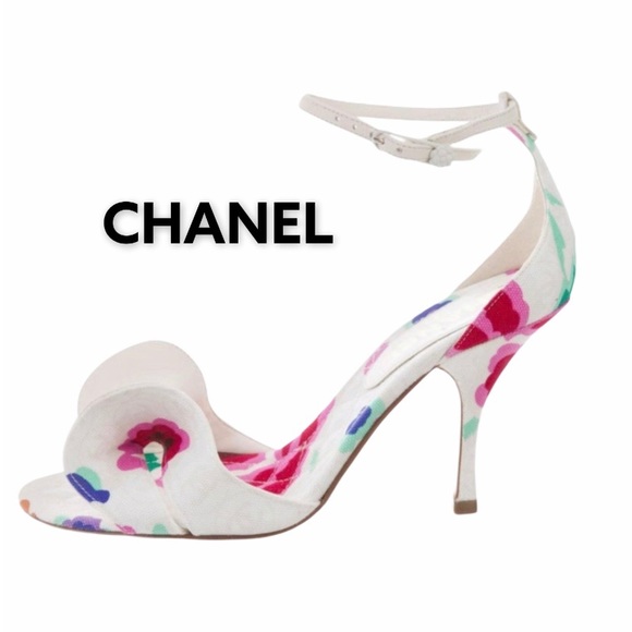 CHANEL Shoes - CHANEL White Floral Canvas Bow Ankle Strap Sandal